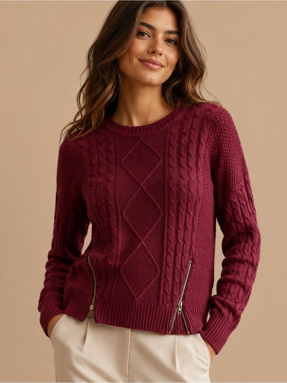 Pixley Burgundy Cable-Knit Crew Sweater with Zip Accents